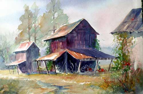 Afternoon Barns in Eastern NC Watercolor Print