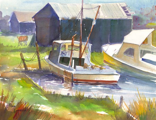 Coastal Fishing Boats print Bob Pittman Art - Painting, Watercolor, Oil, acrylic, Eastern NC, North Carolina, rural landscapes, Barns, tobacco, Fine Art Prints.