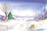 Green Barn in Snow Watercolor Prints