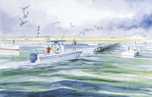 Grady White Boat Cape Lookout Lighthouse Sport Fishing print Bob Pittman Art - Painting, Watercolor, Oil, acrylic, Eastern NC, North Carolina, rural landscapes, Barns, tobacco, Fine Art Prints.