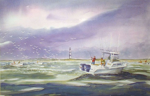 Grady White Boat Cape Lookout Lighthouse Sport Fishing print Bob Pittman Art - Painting, Watercolor, Oil, acrylic, Eastern NC, North Carolina, rural landscapes, Barns, tobacco, Fine Art Prints.