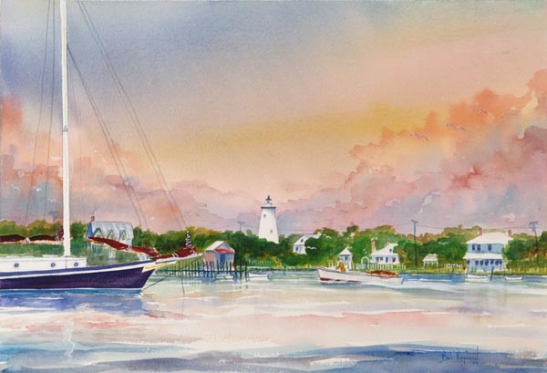 Ocracoke Sunset print Bob Pittman Art - Painting, Watercolor, Oil, acrylic, Eastern NC, North Carolina, rural landscapes< Oriental Sailboats