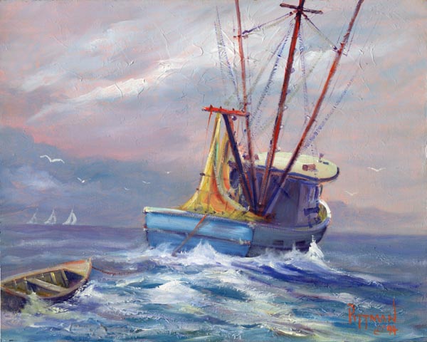 Shrimp Boat heading out to sea - oil on canvas