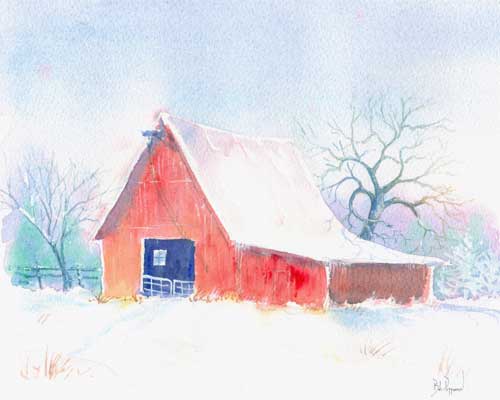 Red Barn in Snow - Barns in Eastern North Carolina - Watercolor