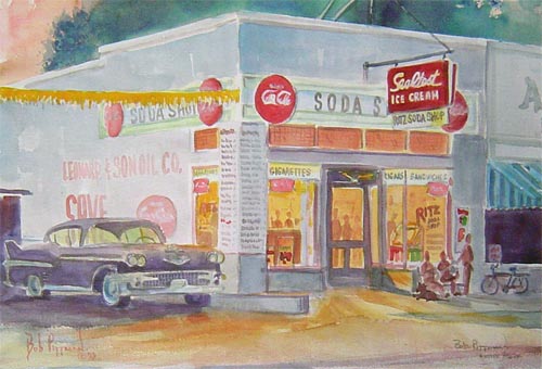 50s diner Shady's Kinston NC Bob Pittman Art - Painting, Watercolor, Oil, acrylic, Eastern NC, North Carolina, rural landscapes, Barns, tobacco, Fine Art Prints.