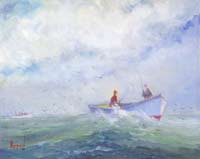 Two men in fishing boat oil painting